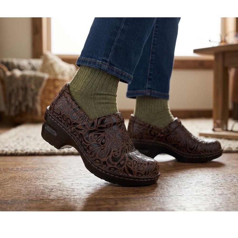 b.o.c. Born Concept Brown Paisley Embossed Leather Clogs Mules BC6630 Womens 6.5
